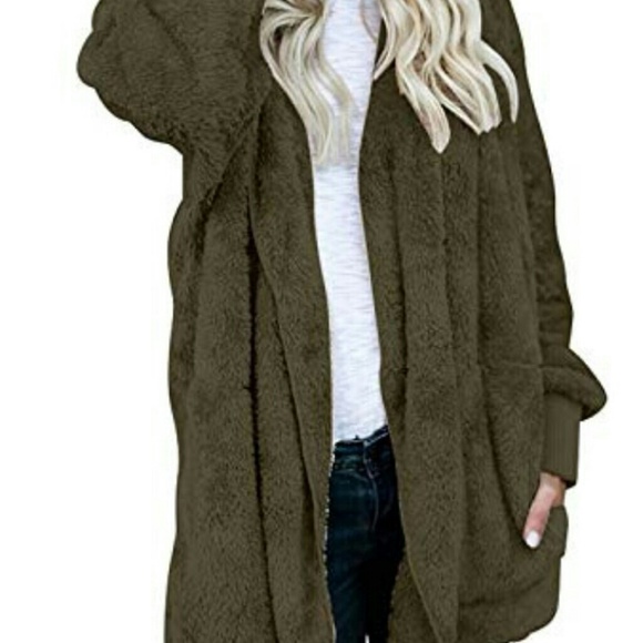 SUPER SOFT FUZZY fleece cardigan hoodie Army Green - Picture 2 of 6